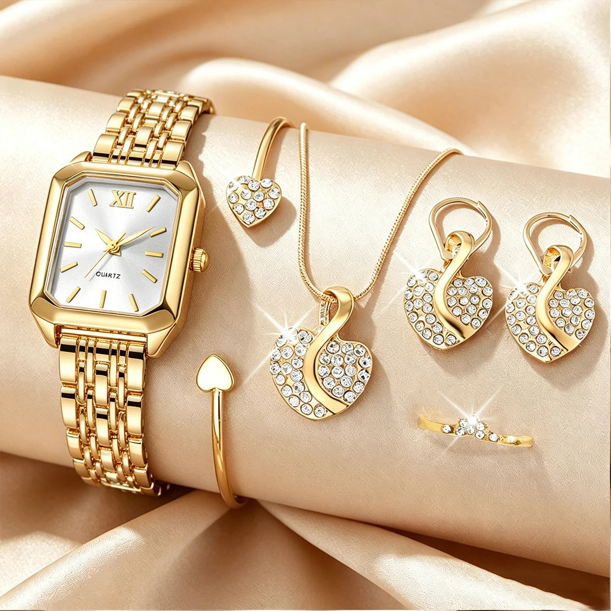 Elegant Rectangle Women's Quartz Watch & Rhinestone Heart Jewelry Set – 6PCS Ladies Wristwatch