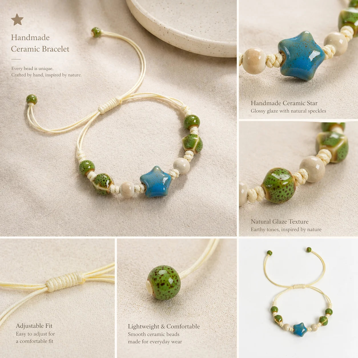 Handmade Ceramic Star Bracelet – Adjustable Braided Wax Cord Blue Charm Jewelry for Women