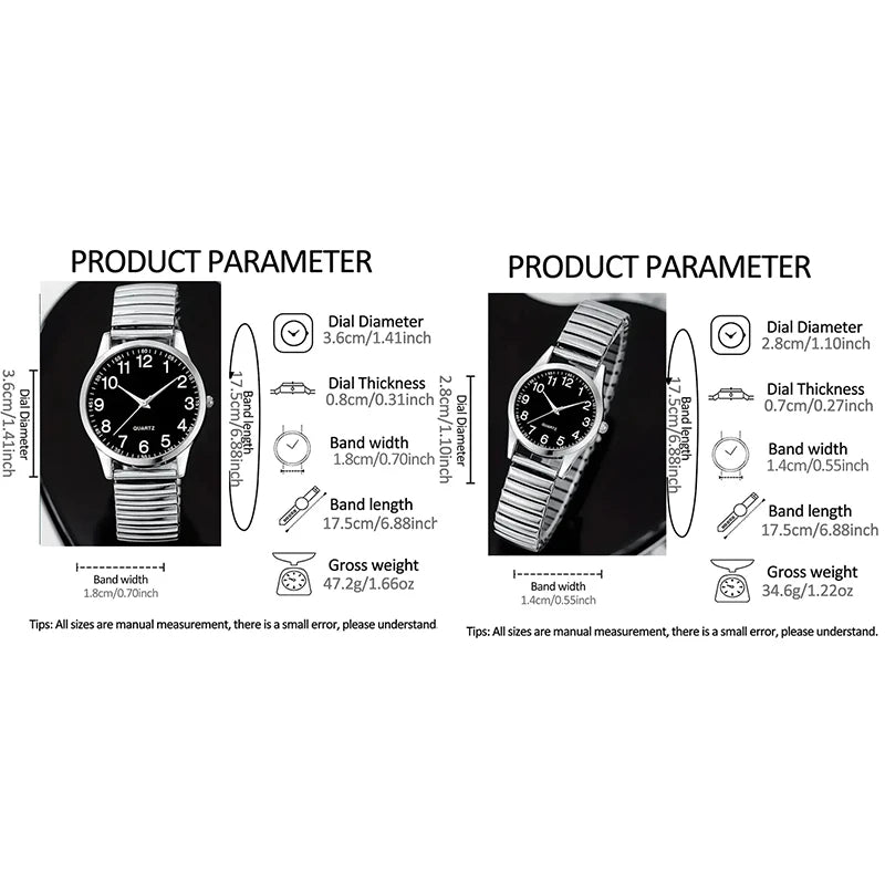 Fashion Couple Quartz Watches Set – Arabic Dial Elastic Band Wristwatches for Men & Women