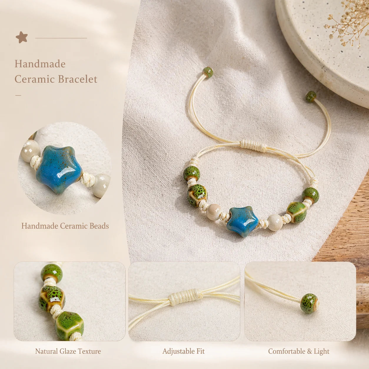 Handmade Ceramic Star Bracelet – Adjustable Braided Wax Cord Blue Charm Jewelry for Women