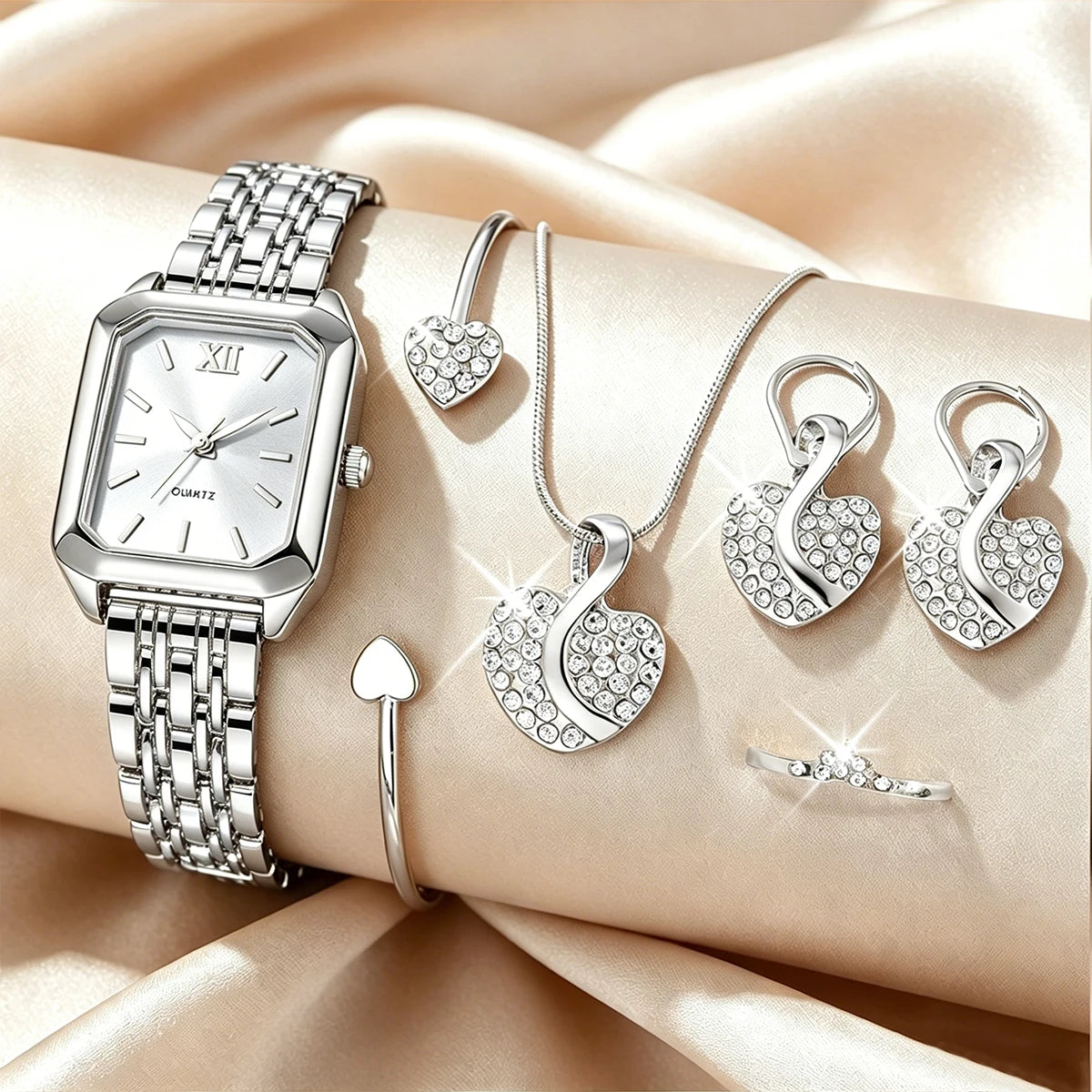 Elegant Rectangle Women's Quartz Watch & Rhinestone Heart Jewelry Set – 6PCS Ladies Wristwatch