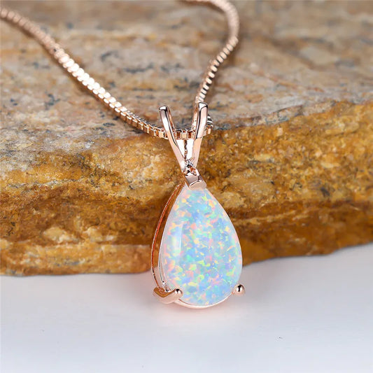 Boho White Opal Teardrop Necklace – Rose Gold