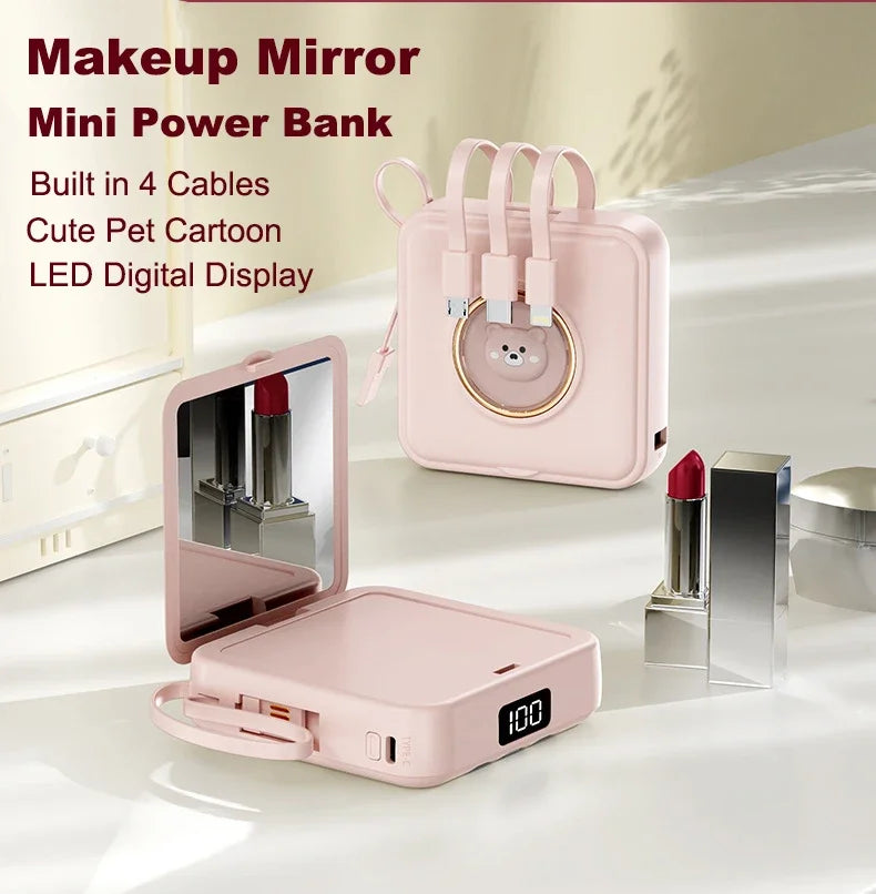 Mini Power Bank 20000mAh Portable Charger with Built-in 4 Cables Makeup Mirror Cute Pet Cartoon External Battery