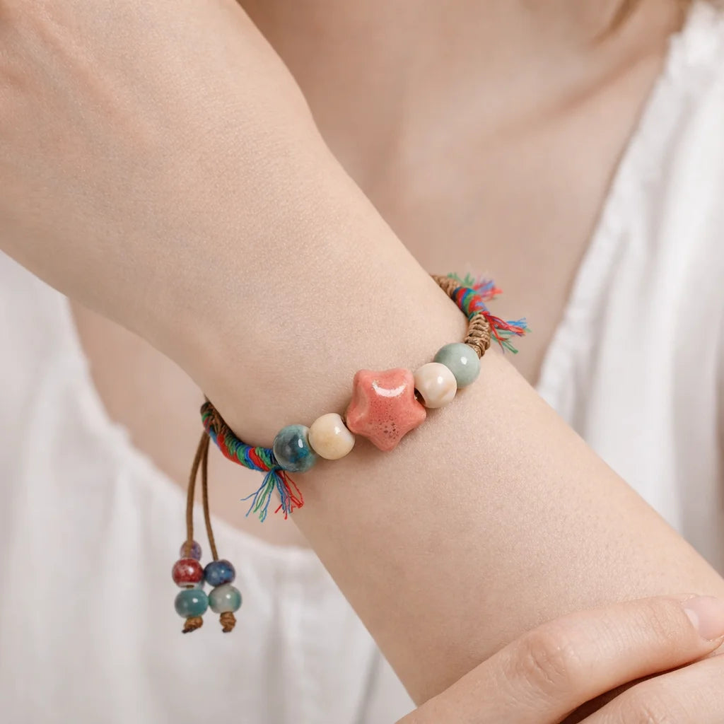 Handmade Ceramic Bead Bracelet – Adjustable Wax Cord Star Charm Multicolor Jewelry