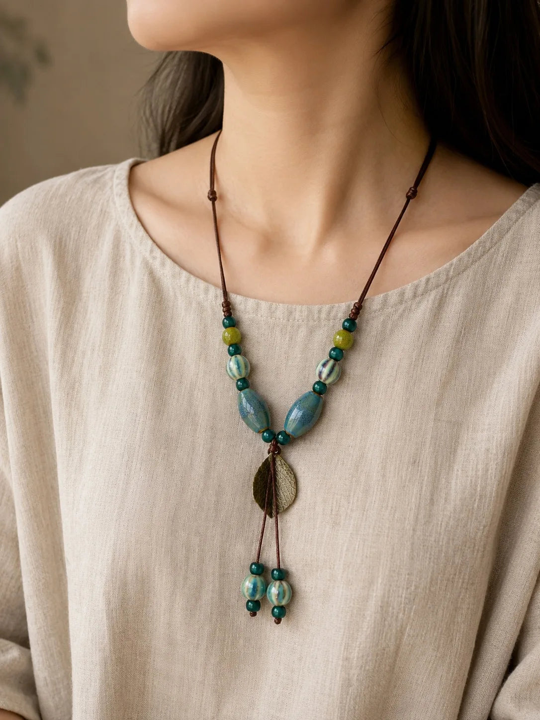 Handmade Ceramic Leaf Pendant Necklace – Adjustable Wax Cord Artisan Jewelry Gift