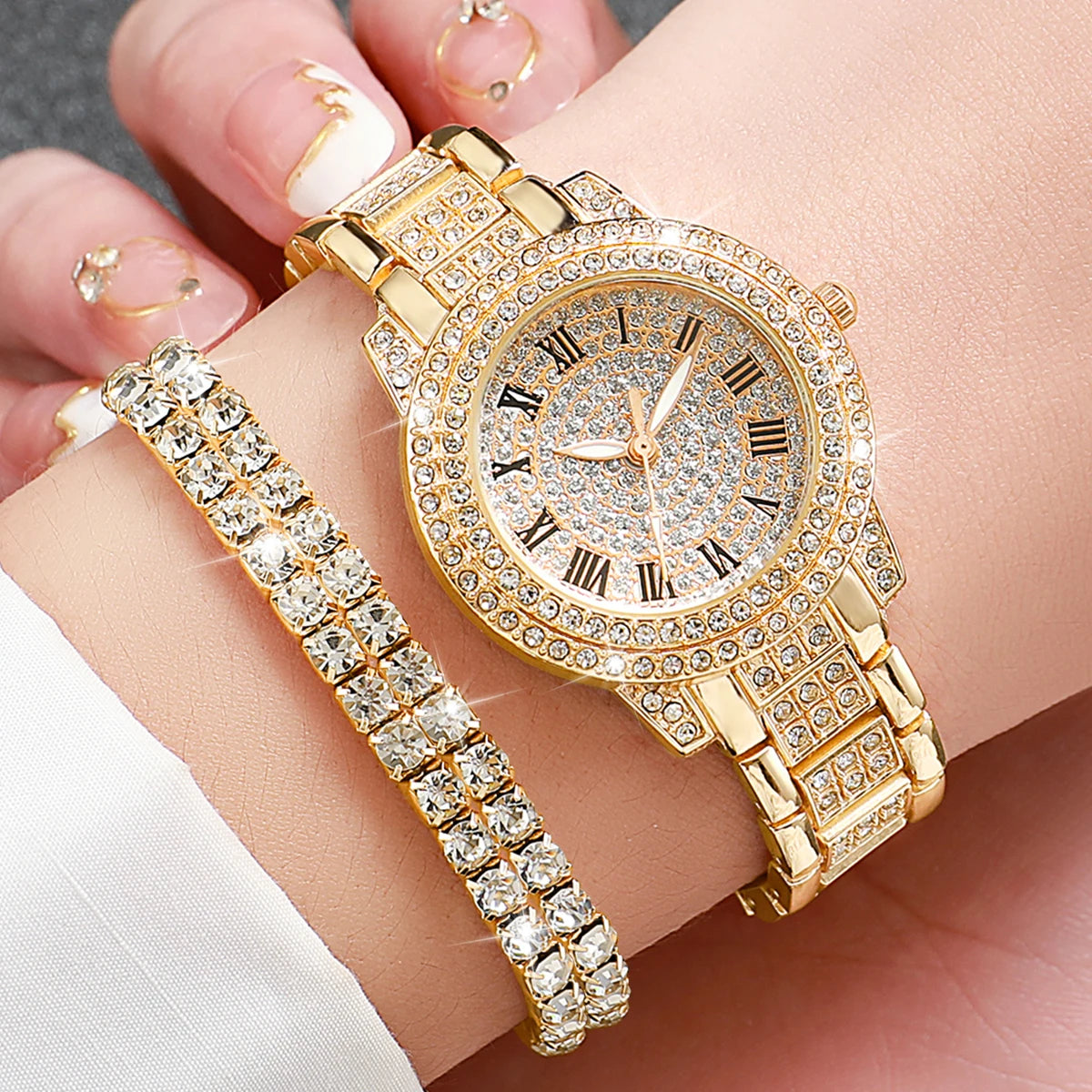 Luxury Full Diamond Women's Quartz Watch & Bracelet Set – 2PCS Gold Steel Band Wristwatch