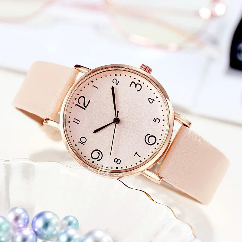 Women's Casual Leather Quartz Watch – Arabic Numbers Analog Wristwatch