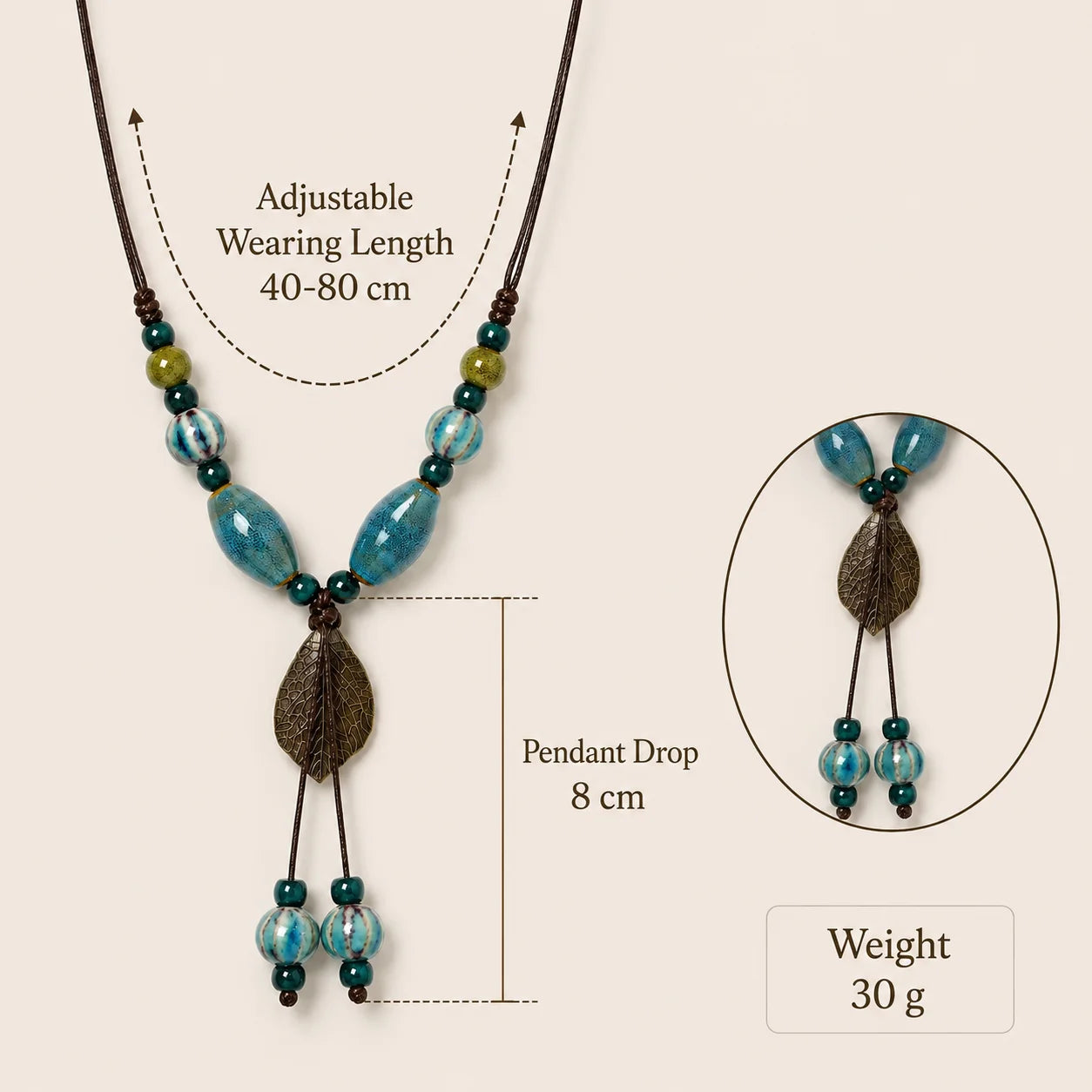 Handmade Ceramic Leaf Pendant Necklace – Adjustable Wax Cord Artisan Jewelry Gift