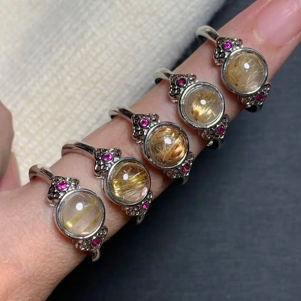 Natural Gold Rutilated Quartz Adjustable Ring – Vintage Gemstone Ring for Women