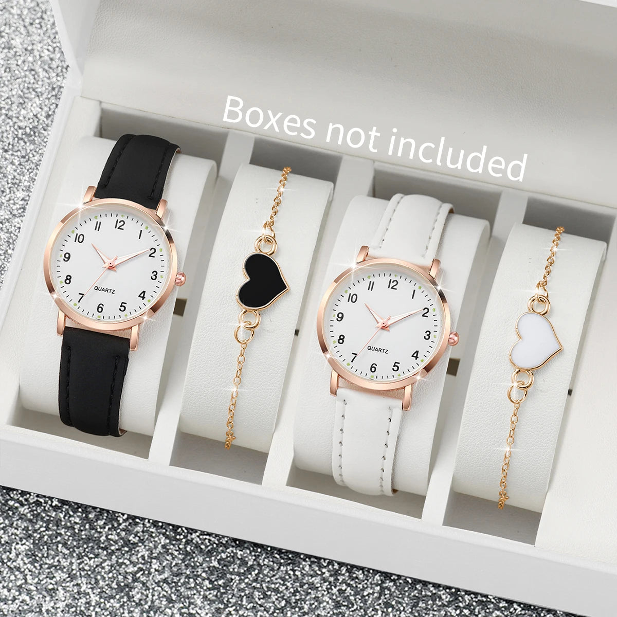 Fashion Women's Leather Quartz Watch & Heart Bracelet Set – 4/6PCS Arabic Dial Wristwatch