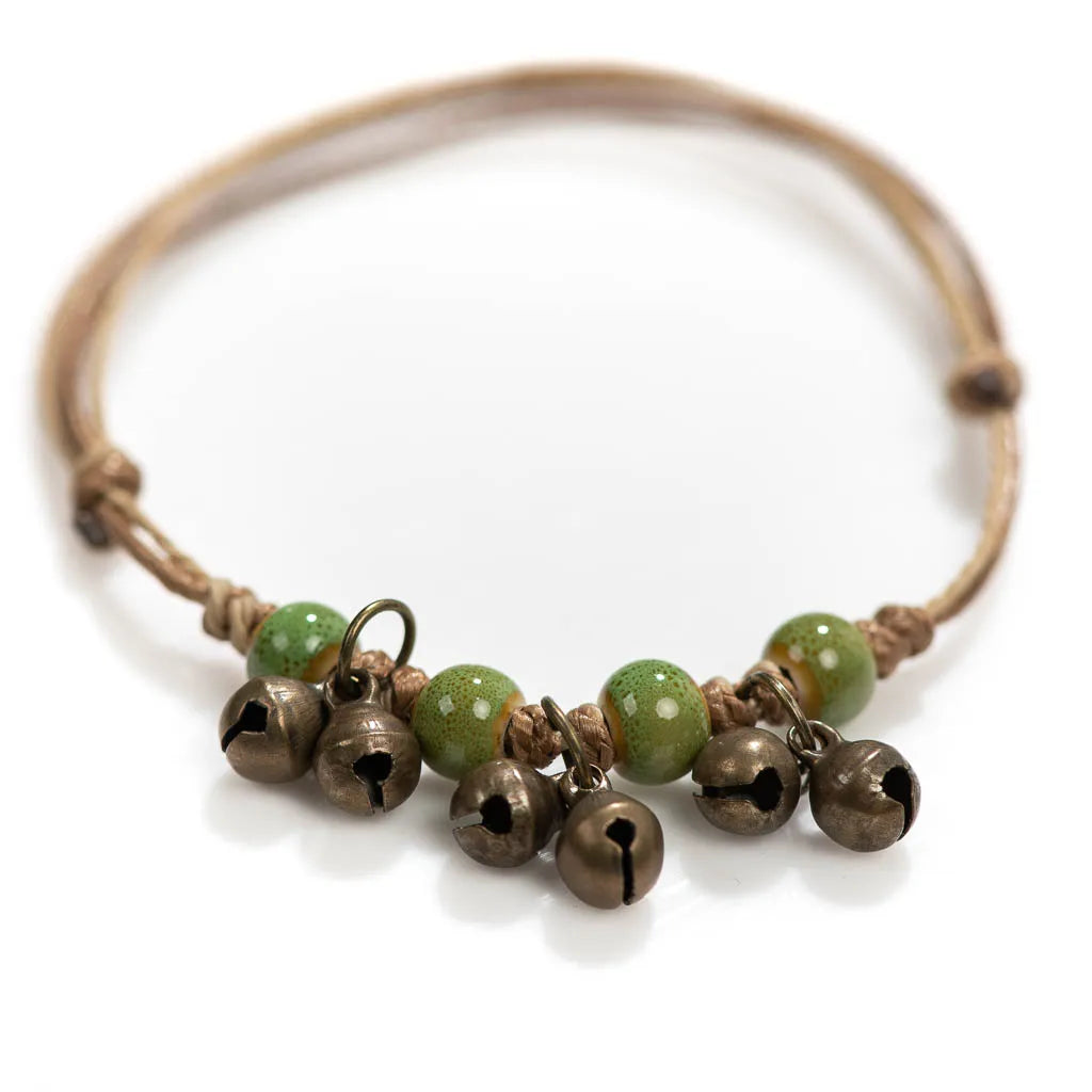 Handmade Ceramic Bead Bracelet with Small Bell – Adjustable Artisan Jewelry Gift