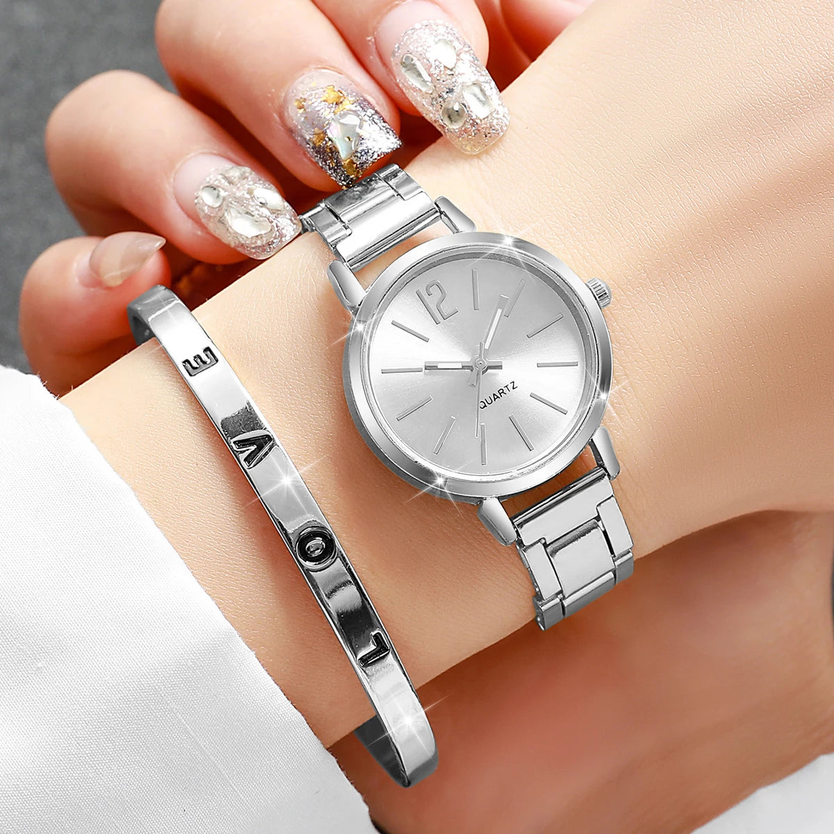 Women's Steel Band Quartz Watch & Diamond Bracelet Set – 6PCS Fashion Wristwatch