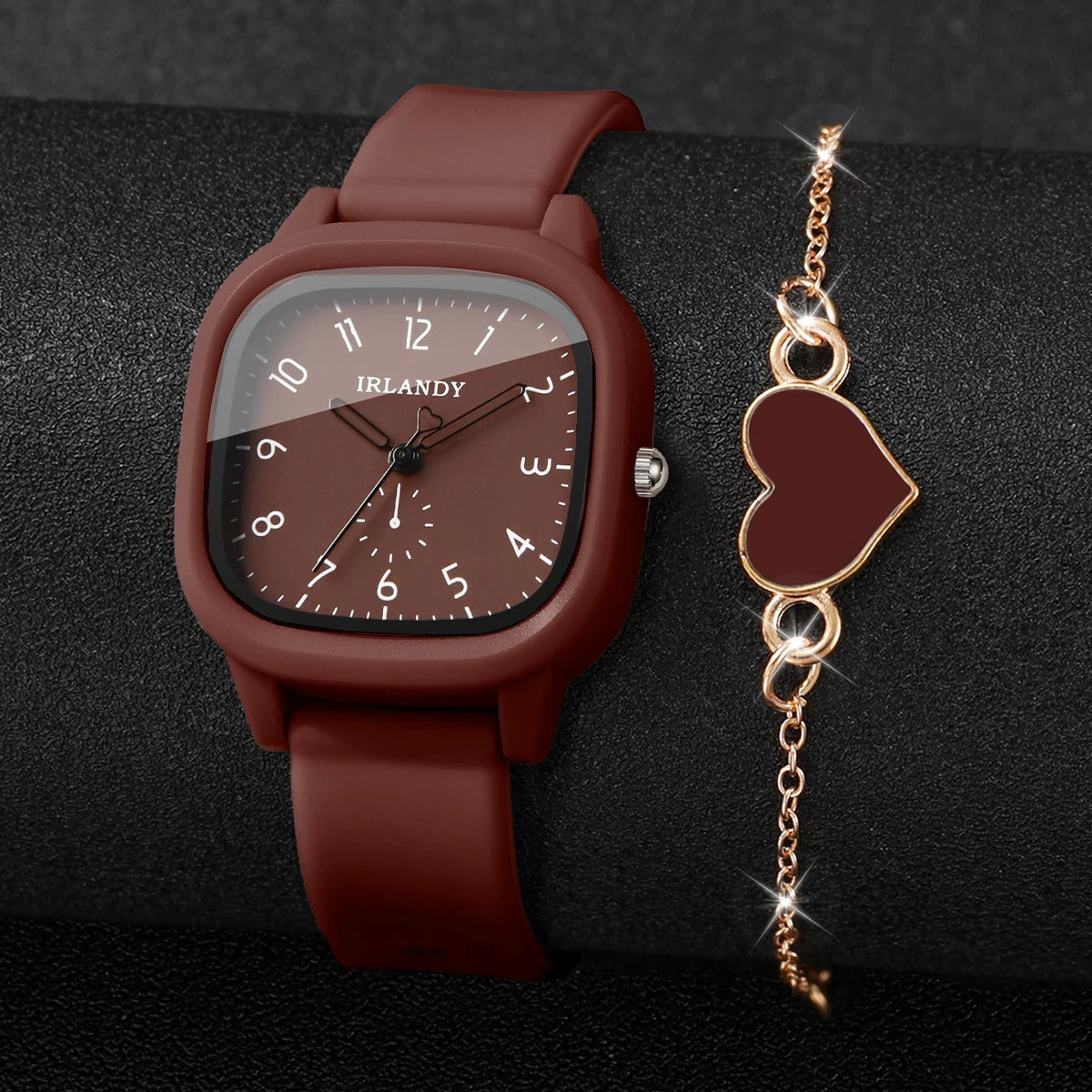 Fashion Arabic Dial Women's Quartz Watch & Heart Bracelet Set – 2PCS Square Silicone Wristwatch