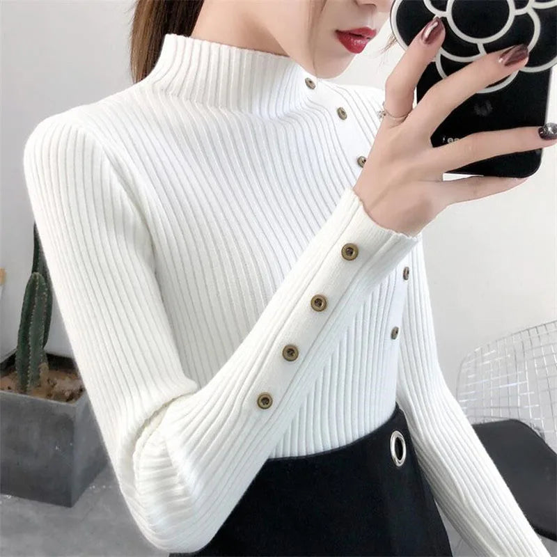 Women Autumn Knitted Slim Sweaters Solid Knitted Female Cotton Soft Elastic Color Pullovers Button Full Sleeve Turtleneck