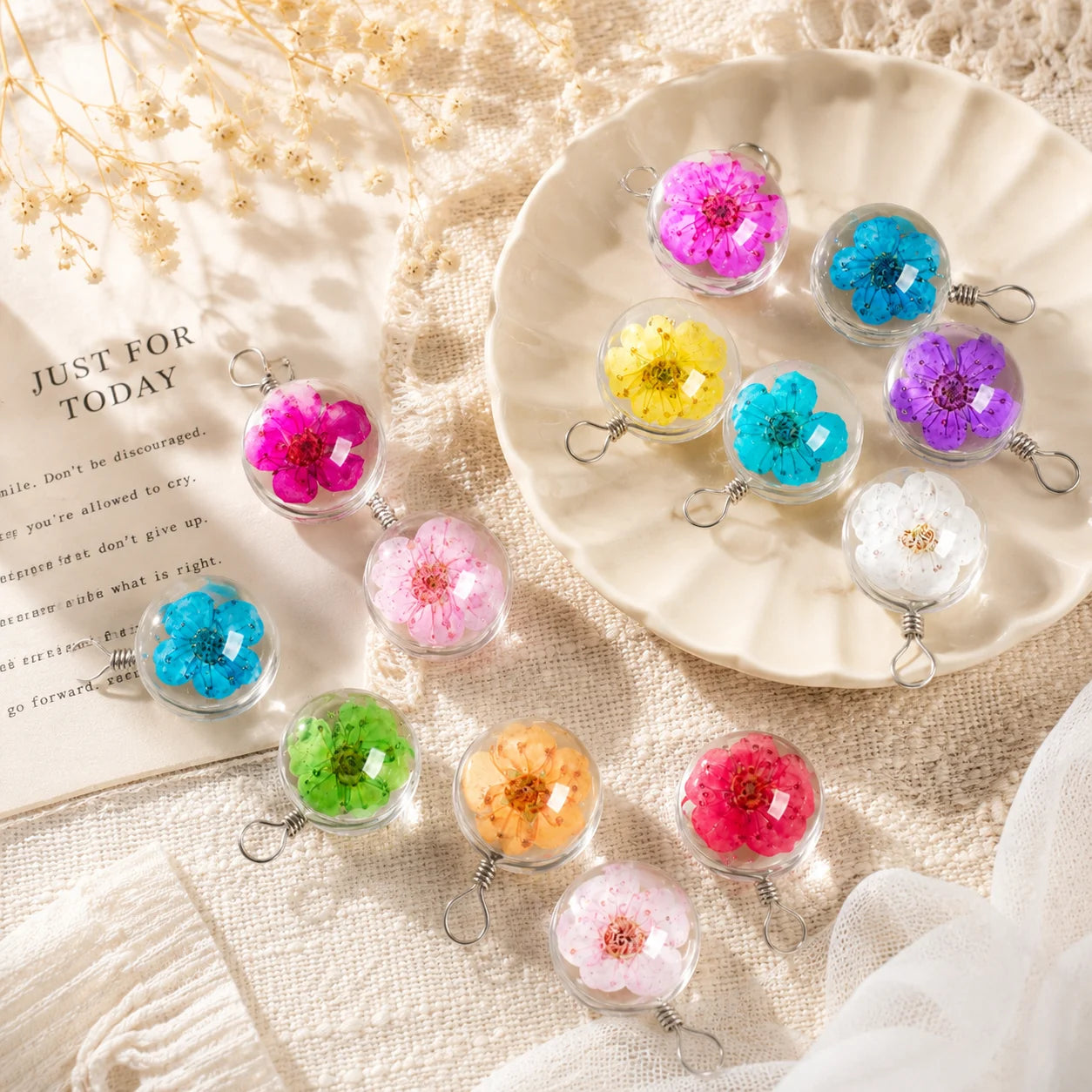 Handmade Pressed Flower Glass Charm Pendant – 12MM Mini Floral Dangle for DIY Jewelry