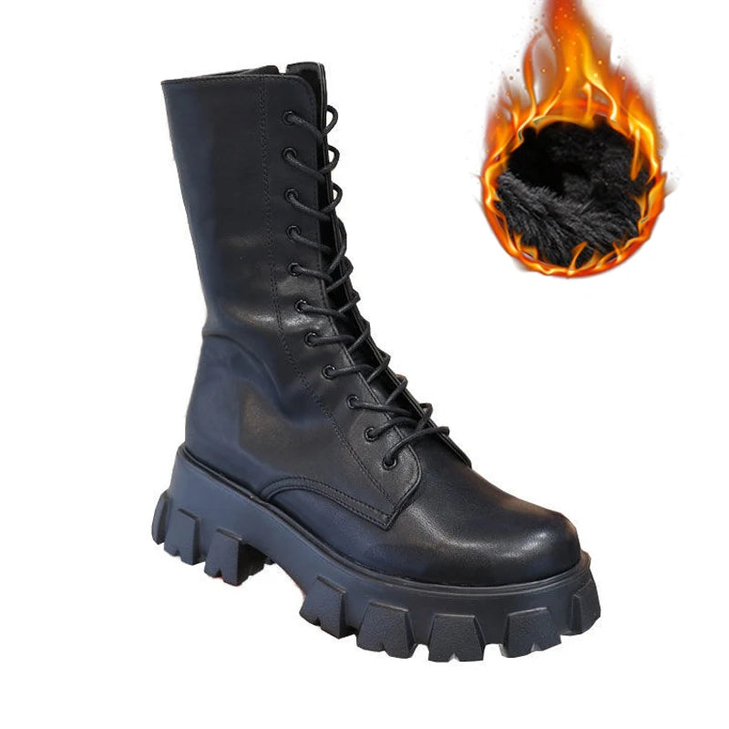 Stylish mid-calf boots for women with lace-up, zipper, and platform heel.