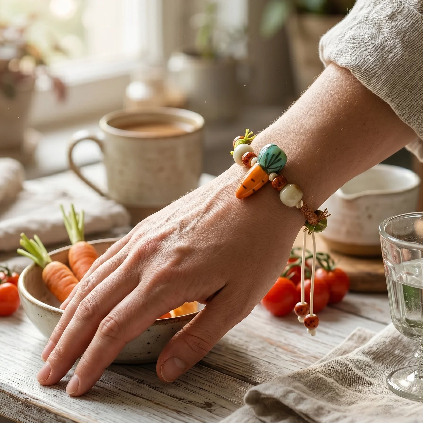 Handmade Ceramic Vegetable Bracelet – Corn & Carrot Braided Wax Cord Boho Jewelry for Women
