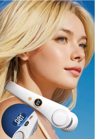 BreezeAura™ Portable Bladeless Neck Fan – 72Hr Cooling, 5-Speed, LED Display