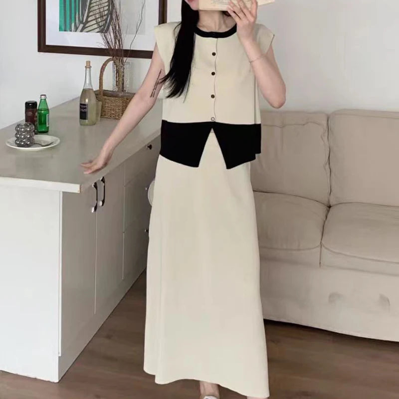 Elegant Office Two-Piece Knitted Set - Sleeveless Button Top & High-Waist Split Skirt