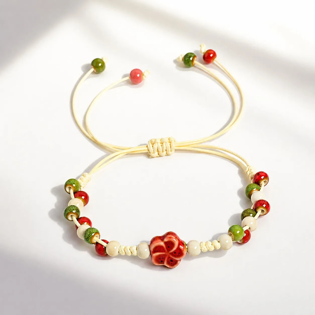 Handmade Ceramic Flower Bracelet – Adjustable Multicolor Beaded Wax Cord Jewelry Gift
