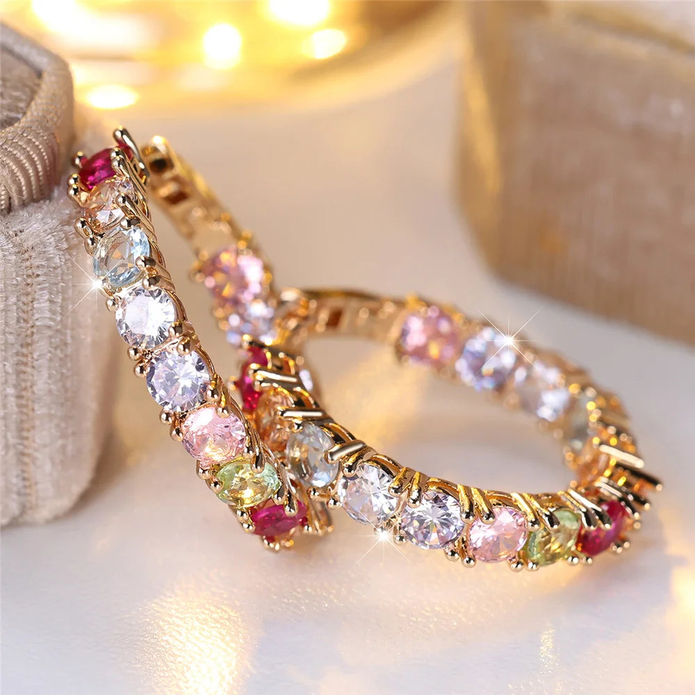 Luxury Crystal Pink Red Rainbow Zircon Round Hoop Earrings - Gold Color Wedding Jewelry for Women"