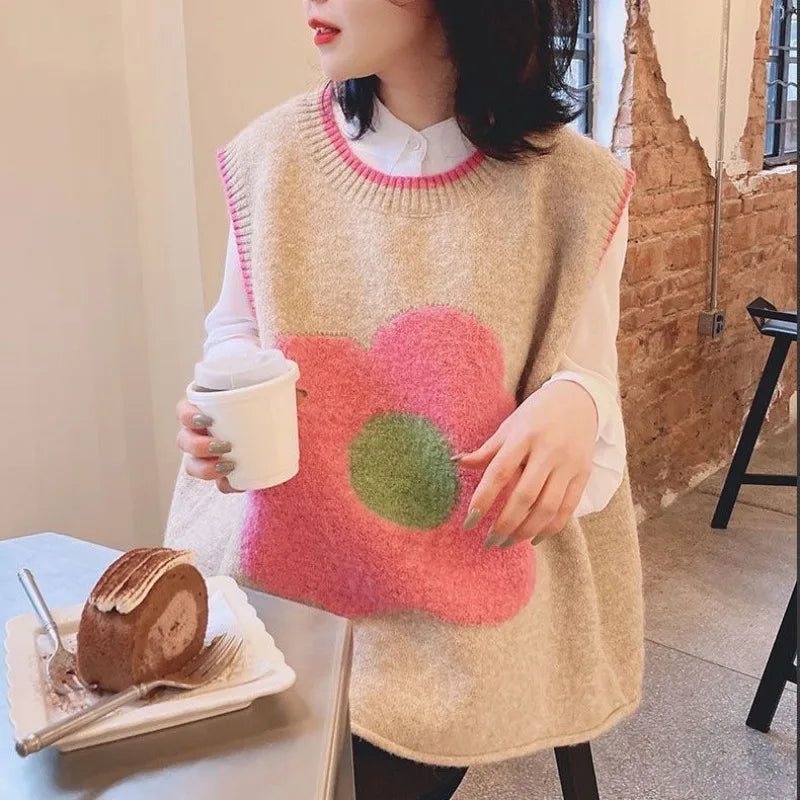 New Knitted Vest Women's Autumn Loose Small Fresh Flower Vest