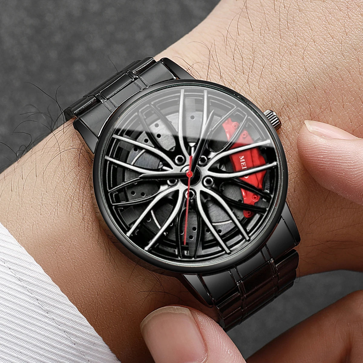 Men's Sports 3D Car Wheel Quartz Watch – Stainless Steel Band Wristwatch