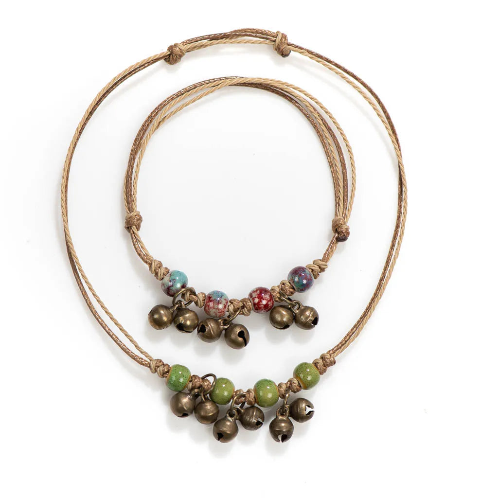 Handmade Ceramic Bead Bracelet with Small Bell – Adjustable Artisan Jewelry Gift