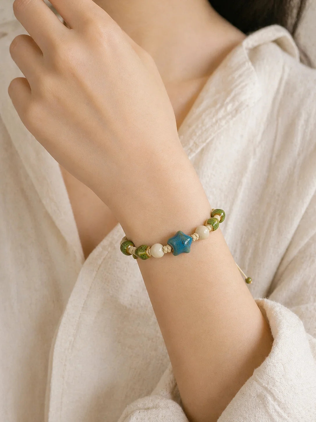 Handmade Ceramic Star Bracelet – Adjustable Braided Wax Cord Blue Charm Jewelry for Women