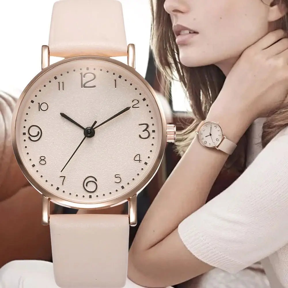 Women's Casual Leather Quartz Watch – Arabic Numbers Analog Wristwatch