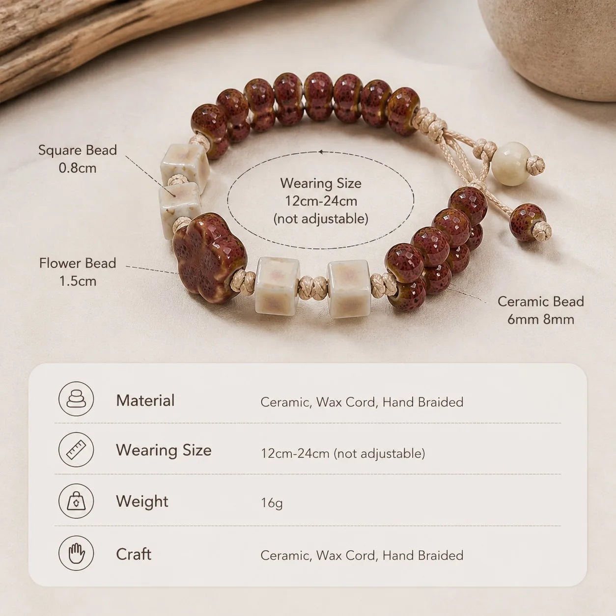 Handmade Ceramic Purple Flower Bead Bracelet – Glazed Charm Wax Cord Jewelry Gift