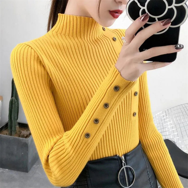 Women Autumn Knitted Slim Sweaters Solid Knitted Female Cotton Soft Elastic Color Pullovers Button Full Sleeve Turtleneck