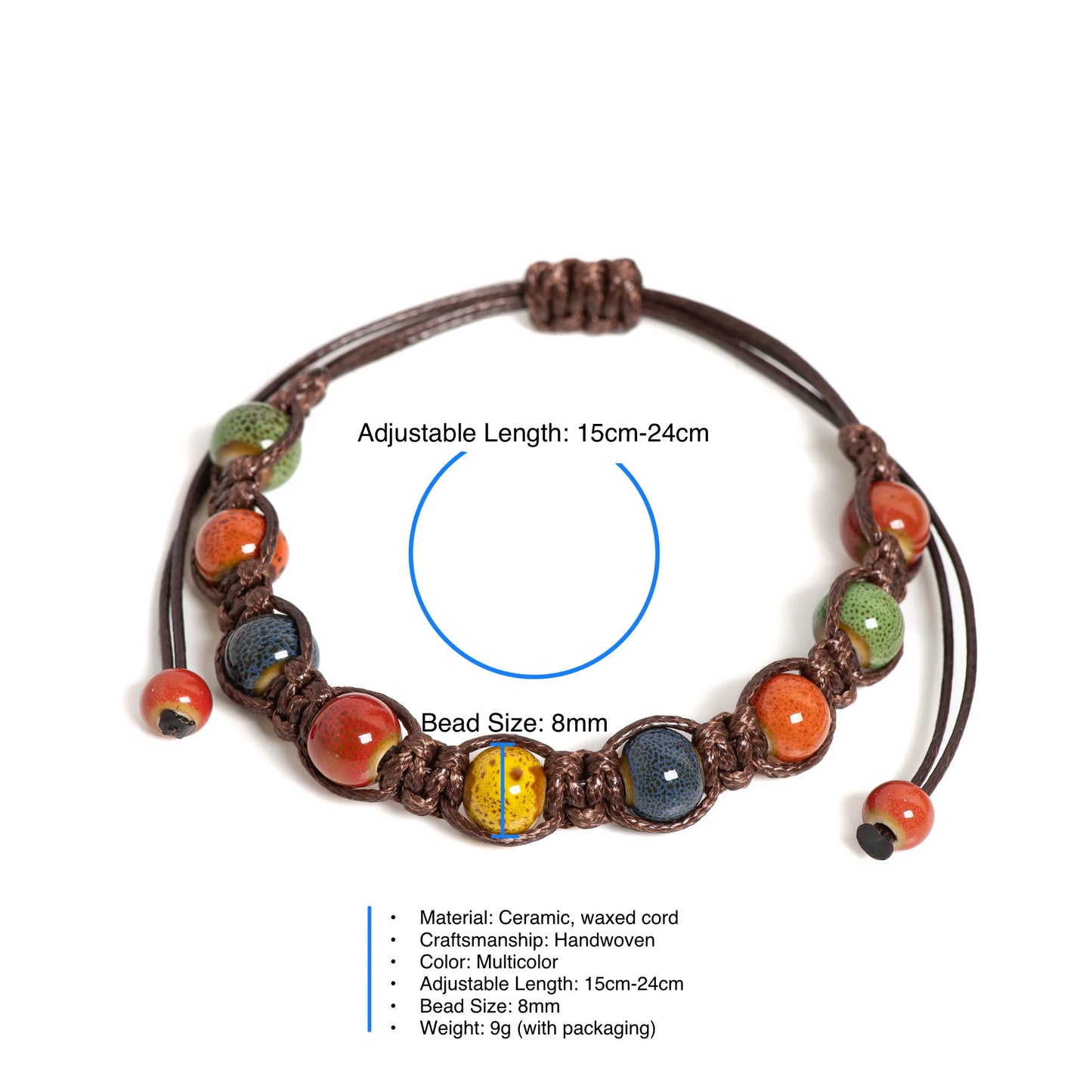 Handmade Colorful Ceramic Bracelet – Adjustable Coffee Cord Bohemian Artistic Jewelry