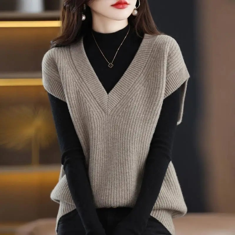 Autumn/Winter Women's V-Neck Knitted Vest - Loose Sleeveless Pullover
