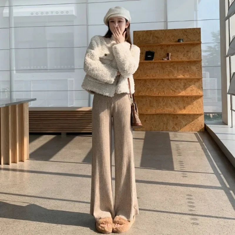 Split knitted wide leg pants for women in autumn and winter, loose fitting, high waisted, draped, casual and comfortable pants
