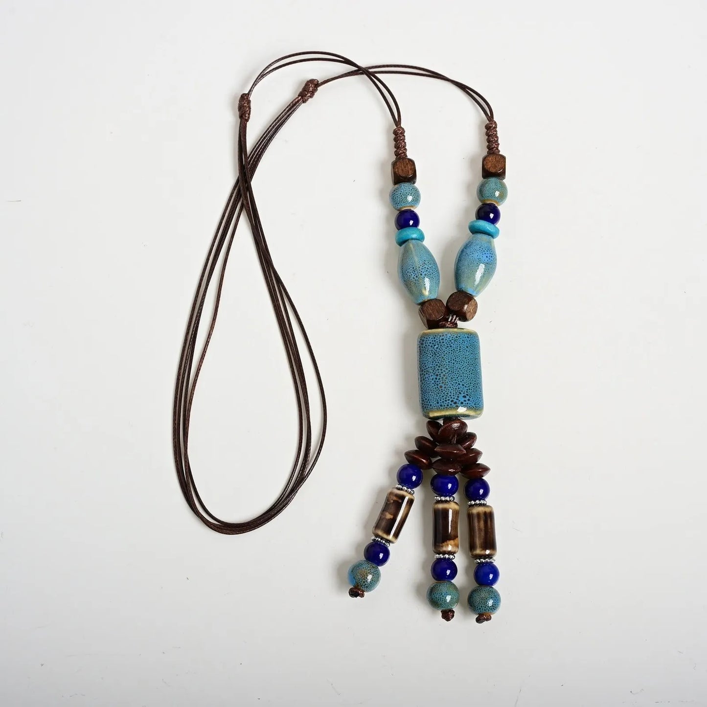 Handmade Ceramic Beaded Pendant Necklace – Adjustable Wax Cord Artisan Jewelry Gift for Women