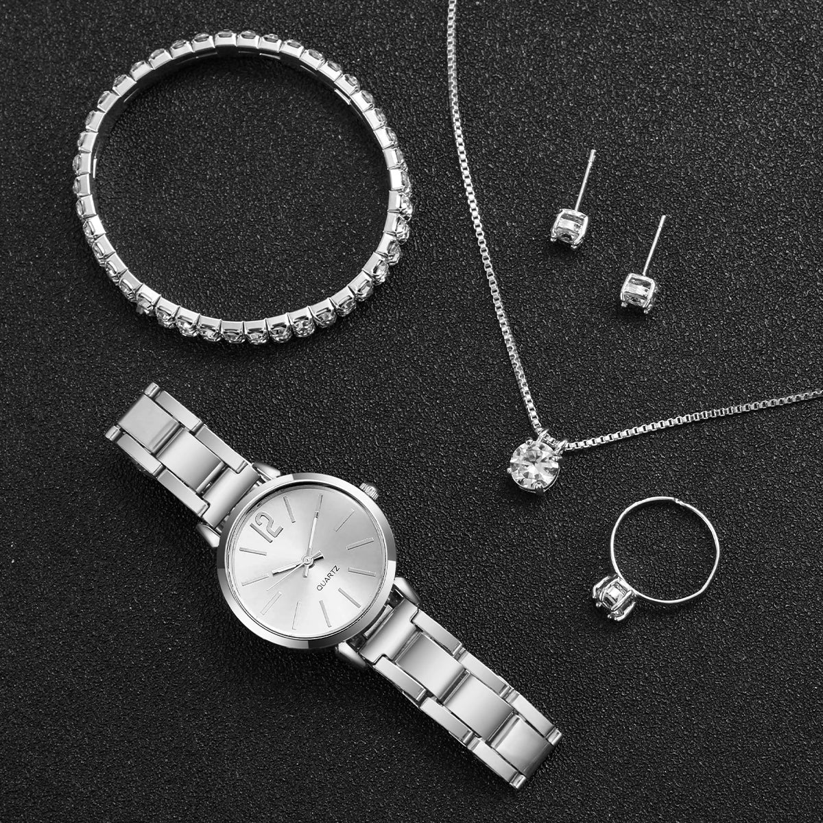 Women's Stainless Steel Quartz Watch & Diamond Jewelry Set – 6PCS Fashion Wristwatch