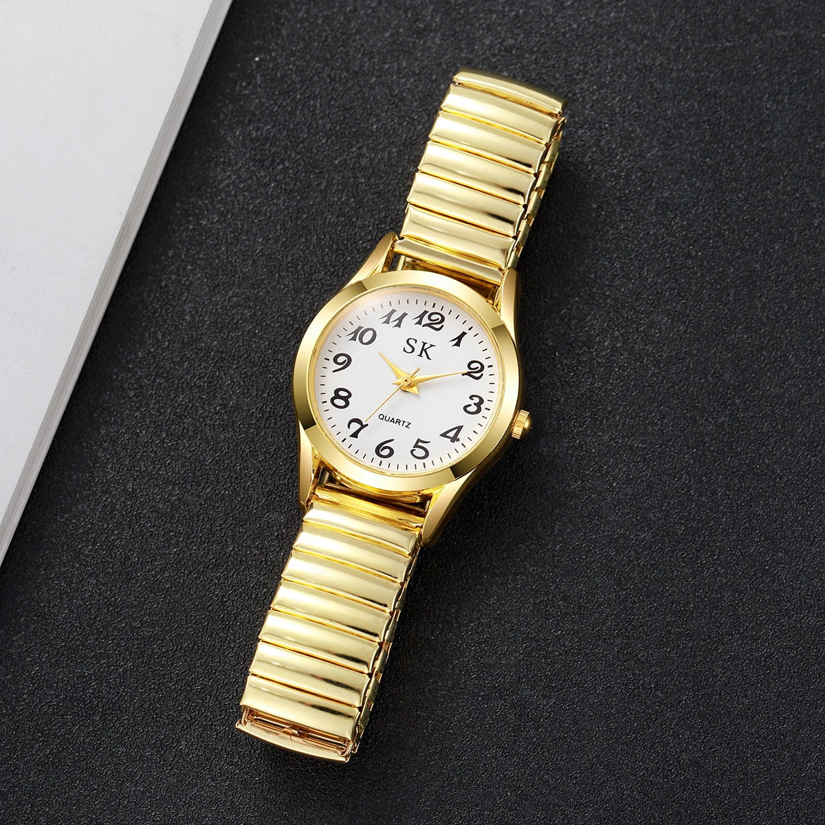 Elegant Elastic Strap Women's Quartz Watch – Small Arabic Dial Ladies Wristwatch Set