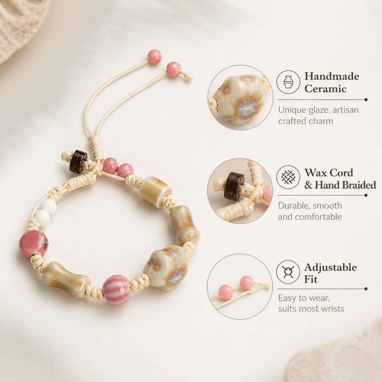 Handmade Ceramic Bone Bead & Star Charm Bracelet – Adjustable Wax Cord Artisan Jewelry