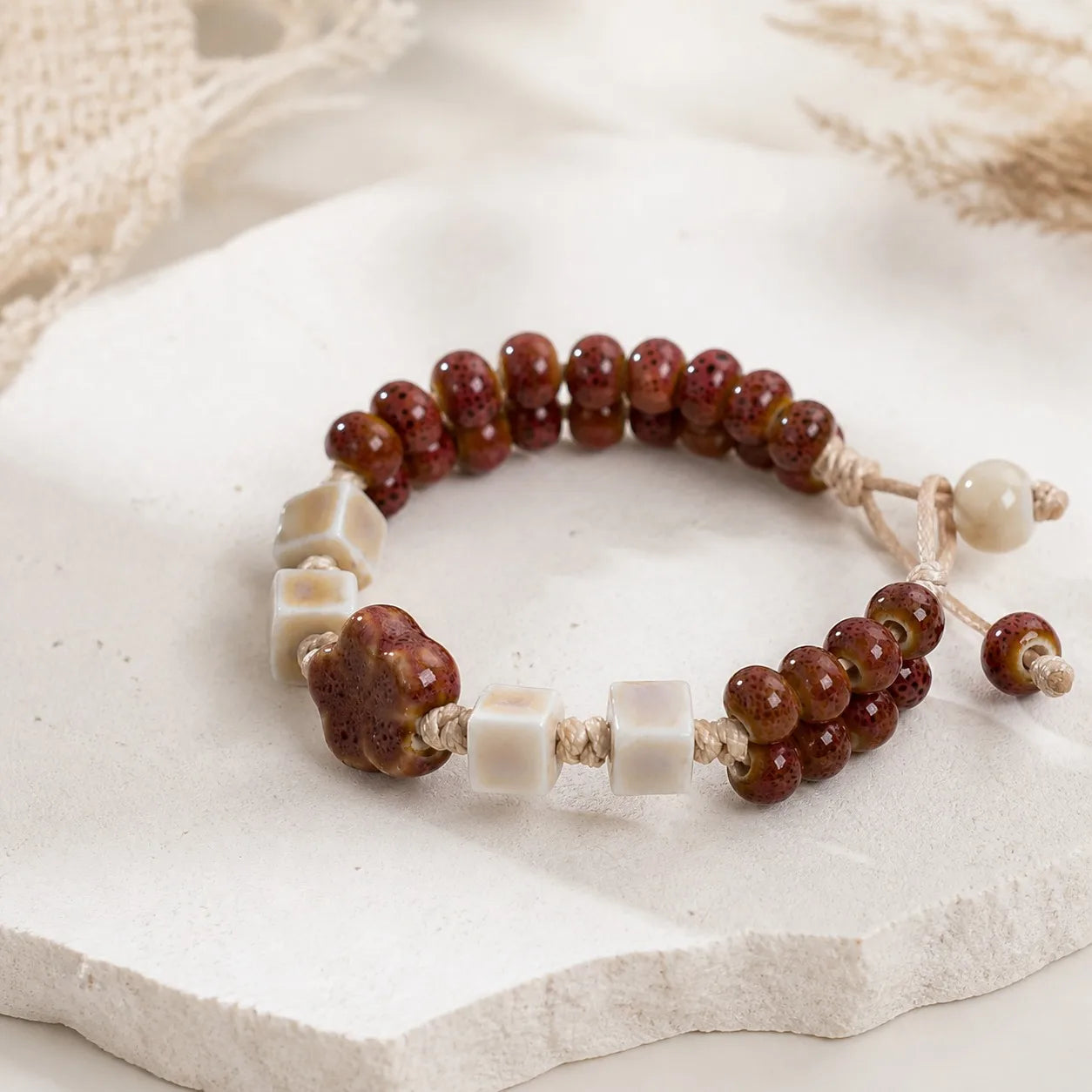 Handmade Ceramic Purple Flower Bead Bracelet – Glazed Charm Wax Cord Jewelry Gift