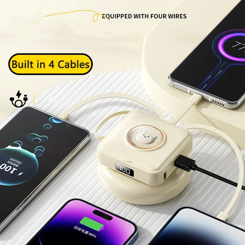 Mini Power Bank 20000mAh Portable Charger with Built-in 4 Cables Makeup Mirror Cute Pet Cartoon External Battery
