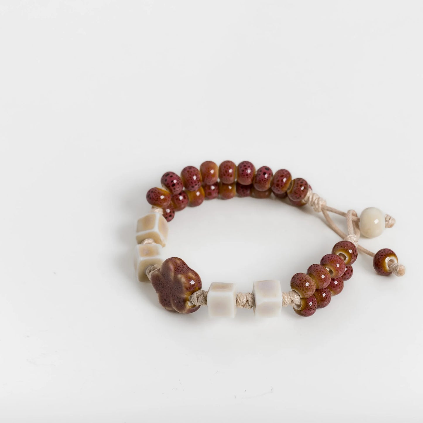 Handmade Ceramic Purple Flower Bead Bracelet – Glazed Charm Wax Cord Jewelry Gift