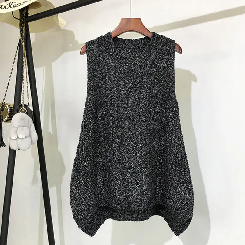 Autumn/Winter Thick Wool Knitted Vest for Women - Loose Fit, Long Length, Round Neck