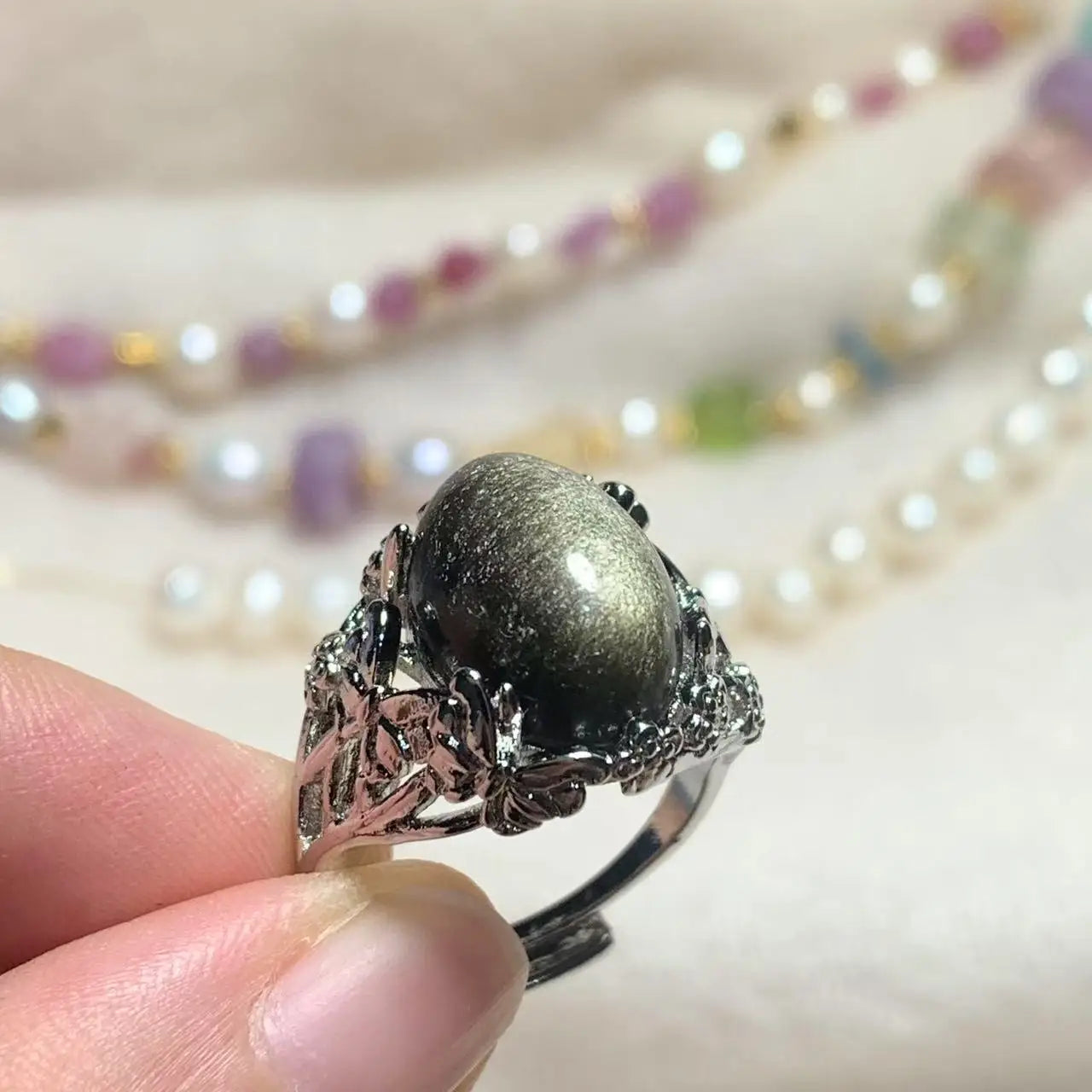 Natural Obsidian Adjustable Ring – Vintage Gemstone Ring for Women