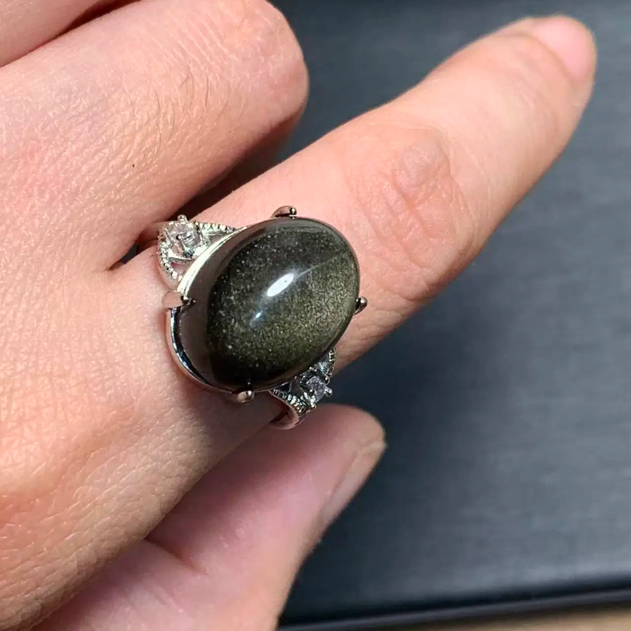 Natural Obsidian Adjustable Ring – Vintage Fine Jewelry for Women