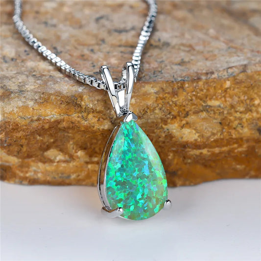 Boho Opal Teardrop Necklace – Silver, Blue-Green