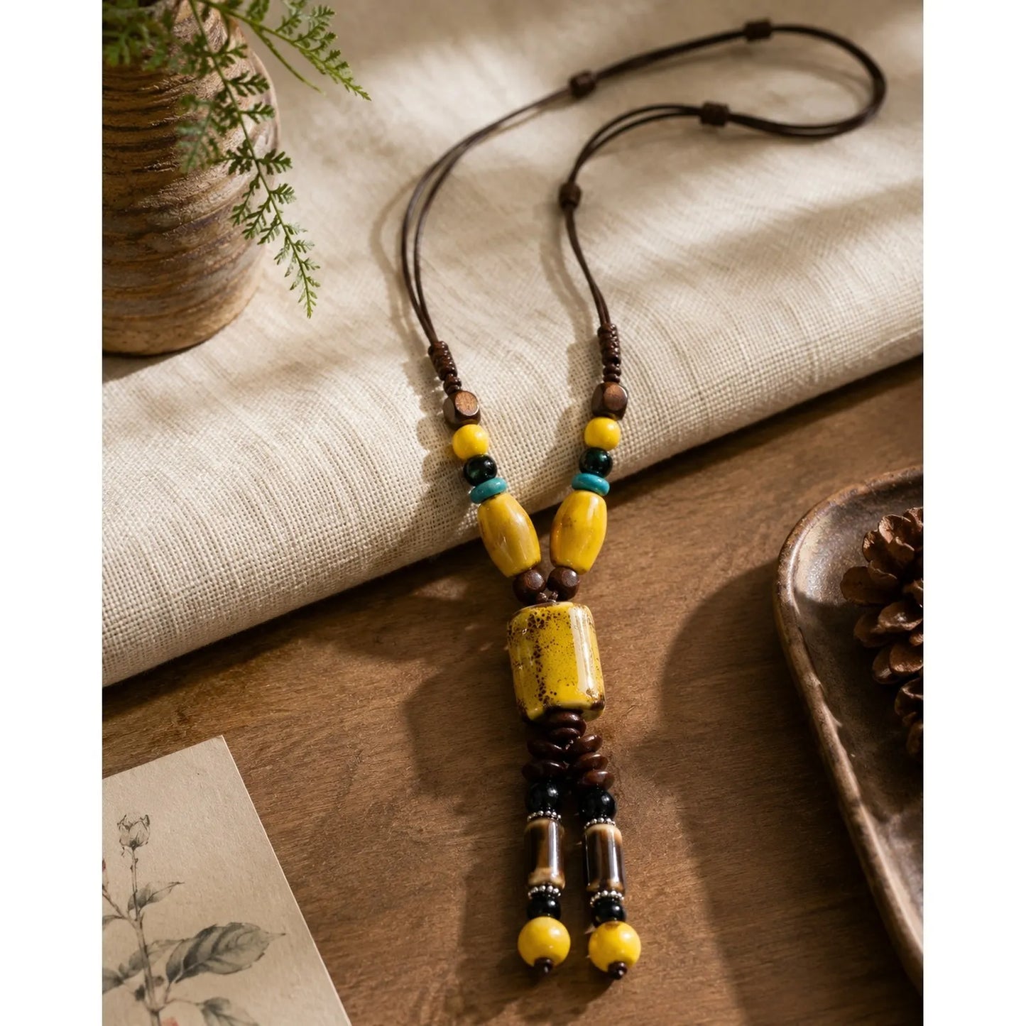 Handmade Ceramic Beaded Pendant Necklace – Adjustable Wax Cord Artisan Jewelry Gift for Women