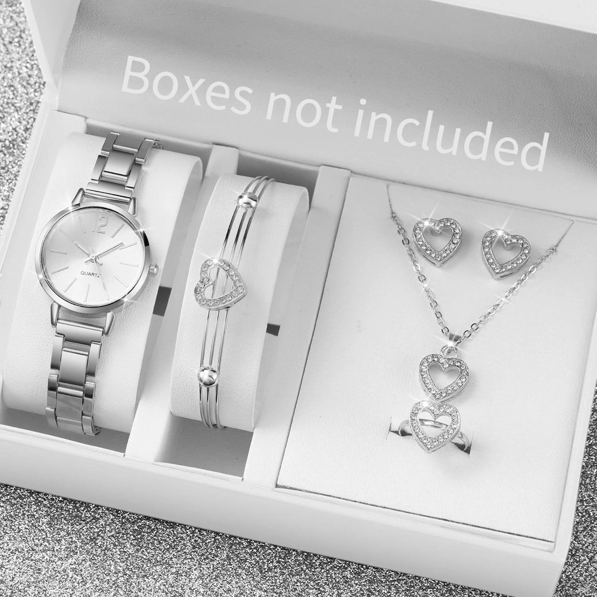 Women's Stainless Steel Quartz Watch & Diamond Jewelry Set – 6PCS Fashion Wristwatch