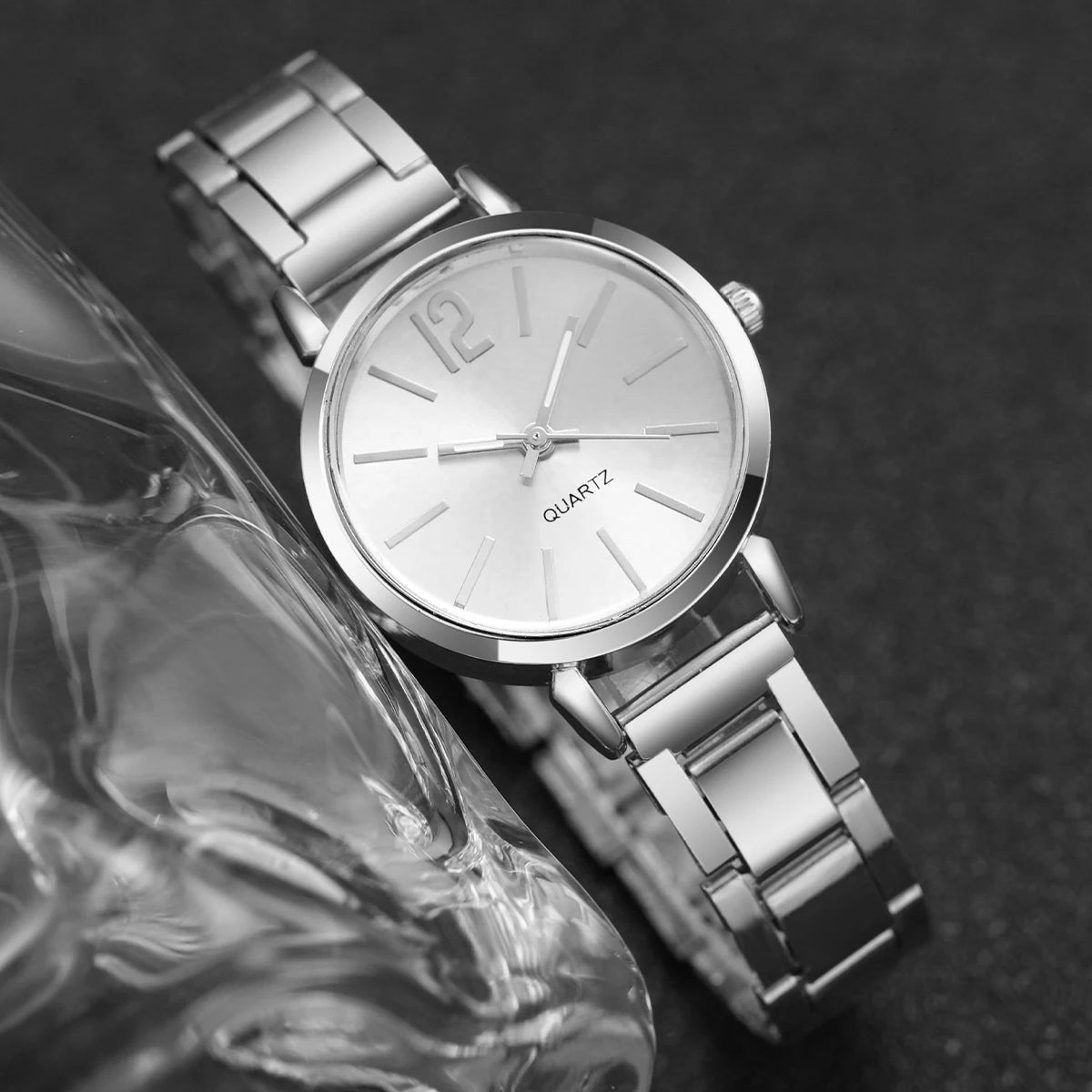 Women's Stainless Steel Quartz Watch & Diamond Jewelry Set – 6PCS Fashion Wristwatch