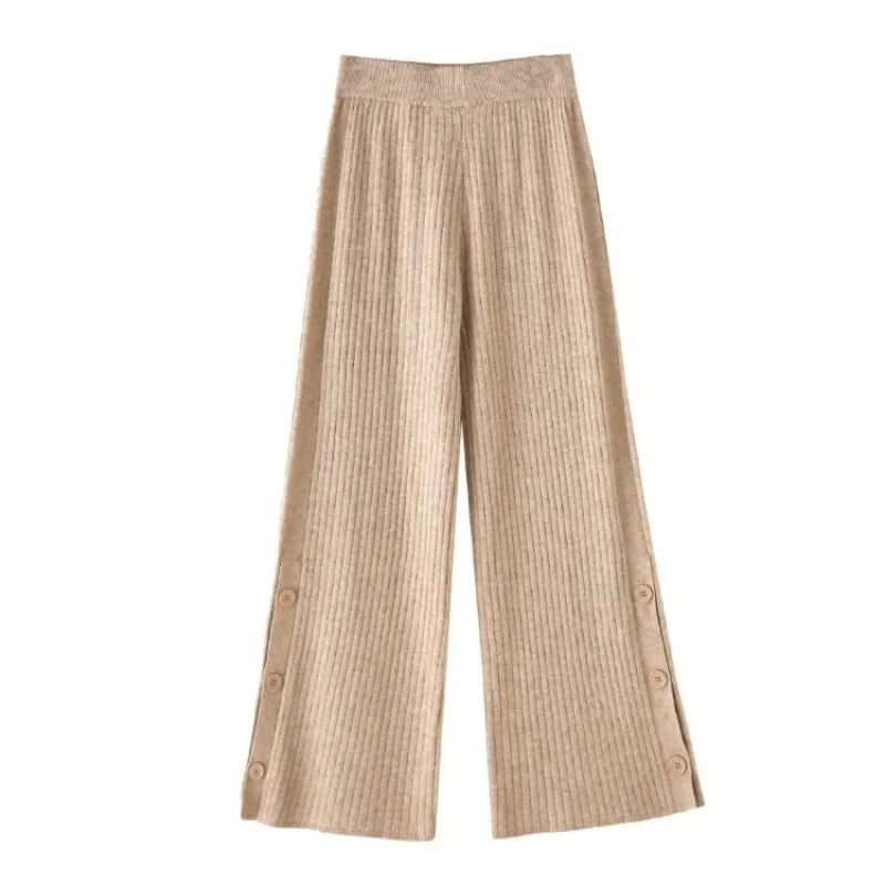 Split knitted wide leg pants for women in autumn and winter, loose fitting, high waisted, draped, casual and comfortable pants